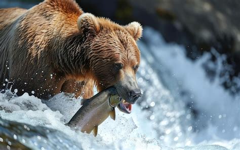 Premium Photo Grizzly Bear Catching A Salmon In Its Powerful Jaws