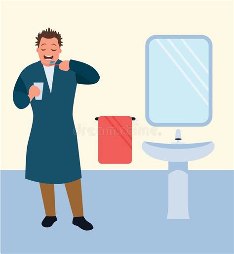 Man Brushing His Teeth In The Bathroom Vector Illustration Stock