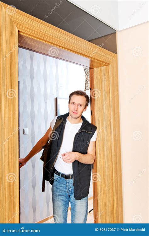 Young Man Returning Home From Work Or Trip Stock Image Image Of Flat
