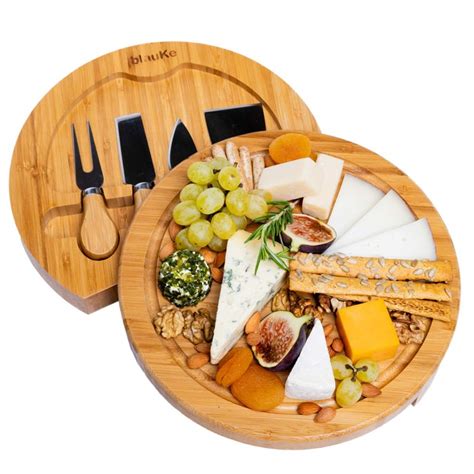 Bamboo Cheese Board And Knife Set 10 Inch Swiveling Charcuterie Board