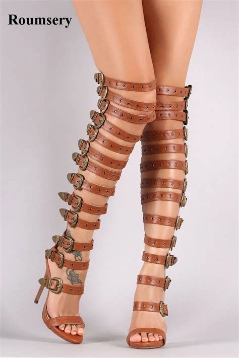 2017 new design women fashion open toe buckle design over knee gladiator boots straps cut out