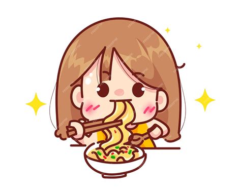 Premium Vector Cute Girl Eating Noodles Or Ramen Restaurant Logo Concept Cartoon Character