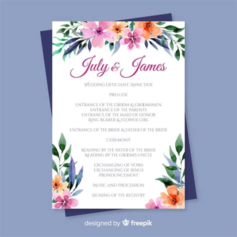 Lovely Wedding Program With Watercolor Flowers Vector Free Download