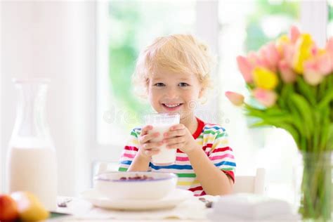 Child Eating Breakfast Kid With Milk And Cereal Stock Image Image Of