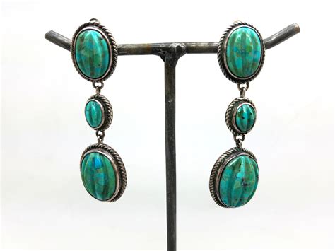 Beautiful Carved Turquoise Clip Earrings Long Dangle Sterling Silver