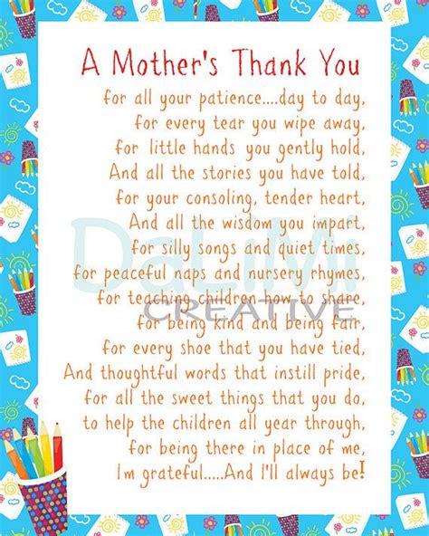 A Mothers Thank You Poem To Teacher Free Printable Printable Templates