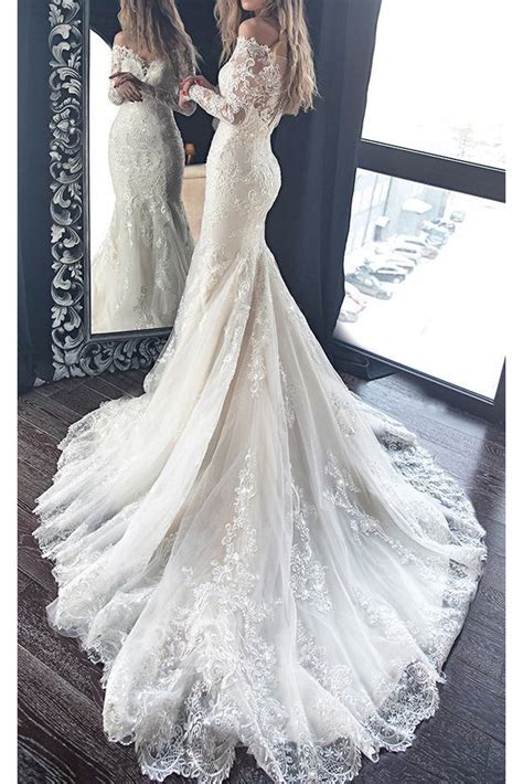 Gorgeous Off The Shoulder Long Sleeve Lace Mermaid Wedding Dress Simibridaldresses