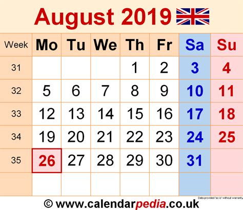 Calendar August 2019 Uk With Excel Word And Pdf Templates