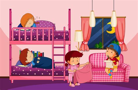 Four Children In Bedroom With Bunkbed 418836 Vector Art At Vecteezy