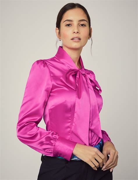 Women S Hot Pink Satin Fitted Shirt Single Cuff Pussy Bow Hawes Curtis