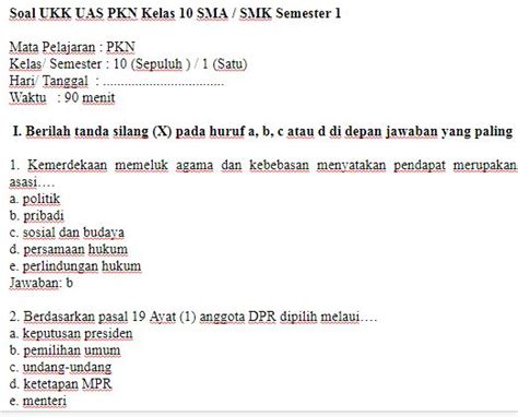 Berikut bospedia memberikan soal uas pai kelas 12 sma/ma. Soal UKK UAS PKN Kelas 10 SMA / SMK Semester 1 dan Kunci ...