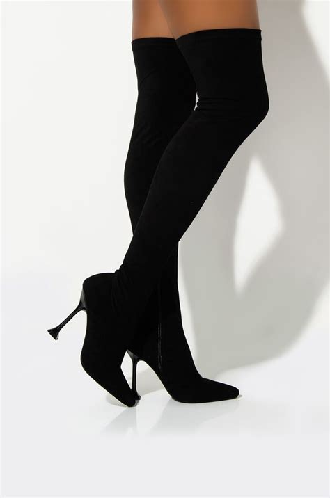 Azalea Wang Faux Suede Pointed Toe Sculpted Heel Thigh High Boot In Black Suede Thigh High
