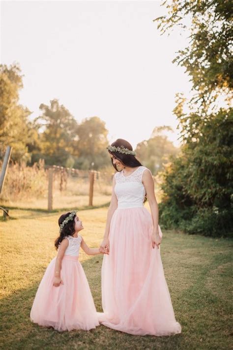 Blush Pink Mother Daughter Matching Tutu Lace Dresses Tulle Dress Long