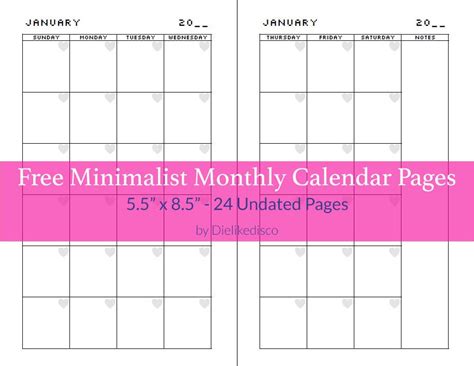 Click on any image below to save or download the file. Download and print your own 5.5" x 8.5" free minimalist calendar pages for your planner ...