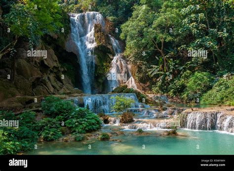 View Of The Kuang Si Falls Also Known At Tat Kuang Si Waterfalls A