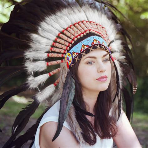 Native American Indian War Headdress Blue Ornament Black Feather White Fur