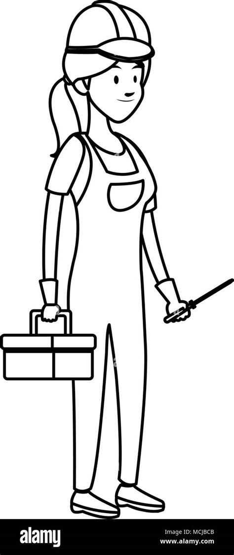 Construction Female Worker Cartoon On Black And White Stock Vector