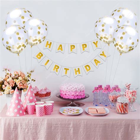 Happy Birthday Banner And 6 Pieces Gold Confetti Balloons Party Balloons