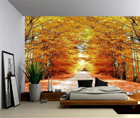 Landscape Autumn Maple Tree Road Self Adhesive Vinyl Wallpaper Peel