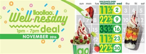 This promotion starts with 33% off on may 20, 22% off on may 21, and 11% off on may 22, 2020. llaollao 11% & 22% Discount Wednesdays 1PM - 7PM 23 & 30 ...