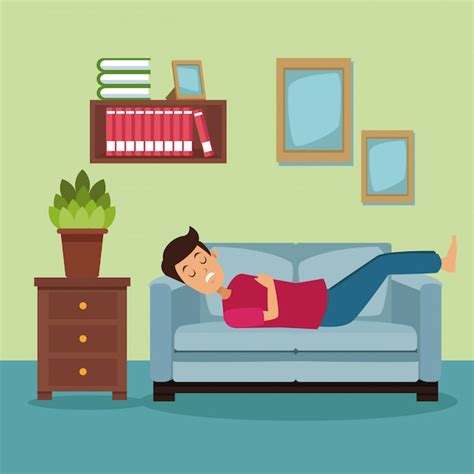 Premium Vector Colorful Scene Man Sleep In Sofa On The Living Room