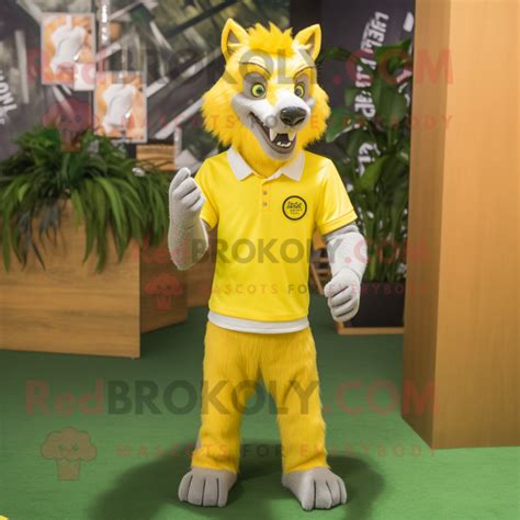 Lemon Yellow Werewolf Mascot Costume Character Dressed With A Polo