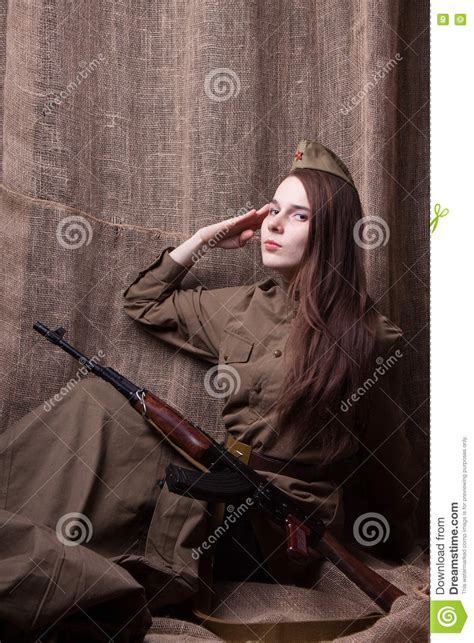 Woman In Russian Military Uniform With Rifle Female Soldier During The