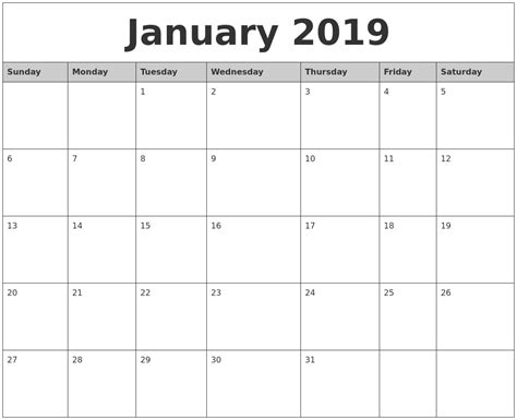 Print a calendar for january 2019 quickly and easily. January 2019 Monthly Calendar Printable