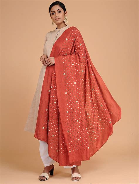 Red Ivory Bandhani Mulberry Silk Dupatta With Sequins Work Shopping