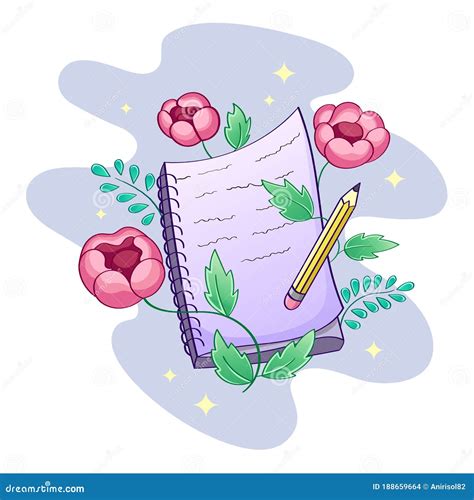 Vector Notebook With Pencil And Beautiful Flowers Cute Illustration Of
