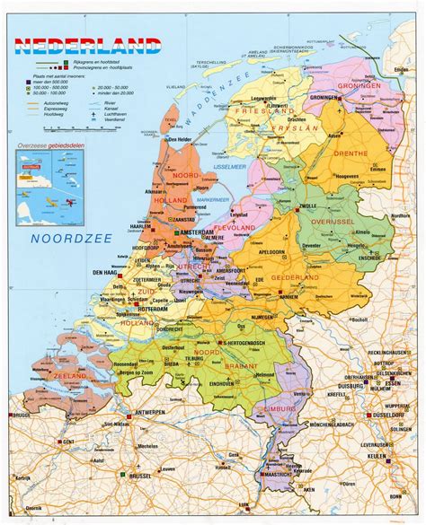 detailed political and administrative map of netherlands with roads cities and airports