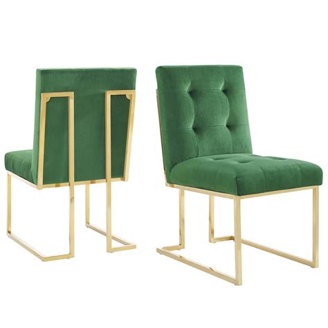 Side Dining Chair Set Of 2 Velvet Metal Steel Gold Green Modern