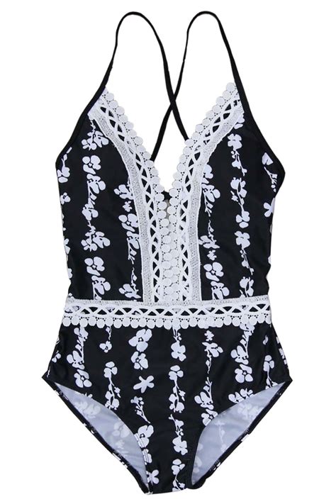 Iyasson Vintage Lace Stripes One Piece Swimsuit
