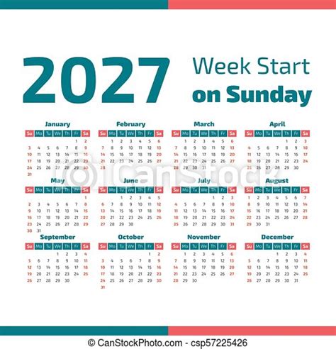 Simple 2027 Year Calendar Week Starts On Sunday Canstock