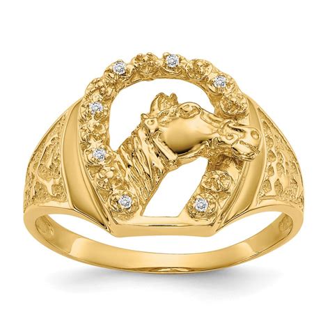 Solid 14k Yellow Gold Diamond Horseshoe With Horse In Center Mens Ring