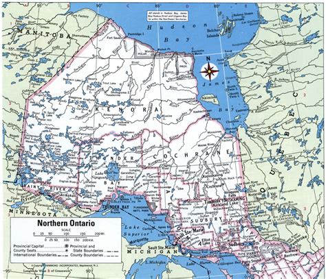 Detailed map of Northern Ontario with cities and counties.Free