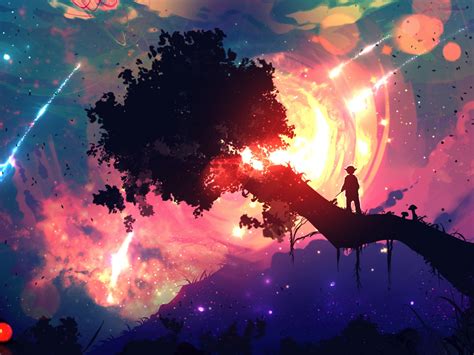 Desktop Wallpaper Illustration Sunset Boy On Tree Night Anime Art