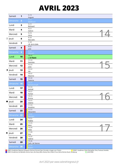 Calendrier Avril 2023