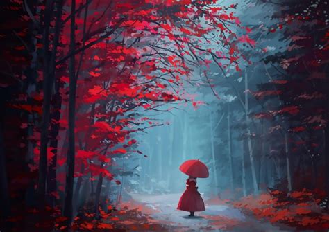 Wallpaper Hina Kagiyama Umbrella Autumn Trees Artwork Dress