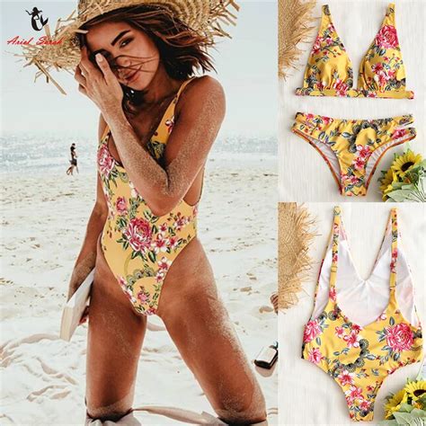 Ariel Sarah Halter Swimsuit Swimwear 2018 Floral Bathing Suit Women Yellow Bikini Set Beach Wear