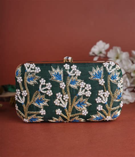 Forest Green Clutch Purse Bag With Detailed Embroidery Silk Etsy