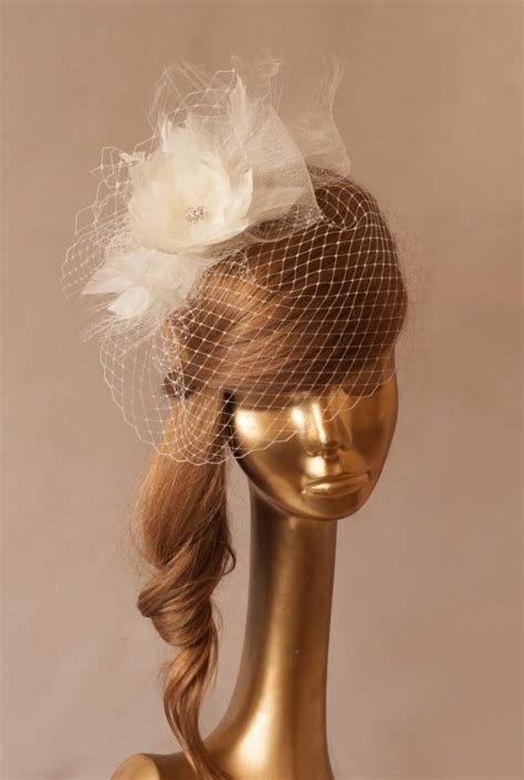 Ivory Birdcage Veil With Feather Flower Bridal Fascinator 2590736