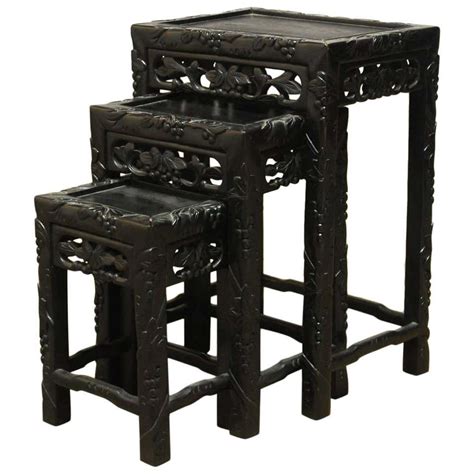 Round Chinese Carved Rosewood Tea Table With Nesting Stools At 1stdibs