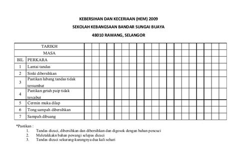 Sama halnya dengan lingkungan tempat tinggal yang bersih, kawasan sekolah tempat belajar siswa/i harus jugalah terlihat bersih, terawat dan rapi. Jadual bersih tandas