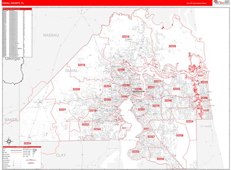 Duval County, FL Zip Code Wall Map Red Line Style by MarketMAPS - MapSales