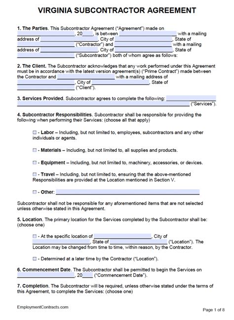 Virginia Subcontractor Agreement Template Pdf Word