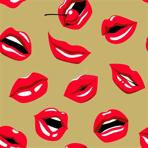 Pop Art Red Lips With Red Cherry On Gold Background Seamless Pattern