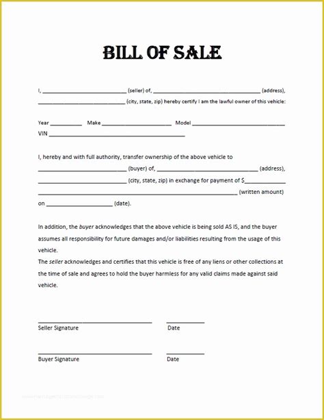 Free Bill Of Sale Template Used Car Honcustom