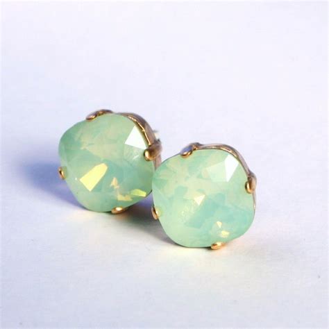 Mint Green Opal Crystal Stud Earrings Classic Sparkling Etsy