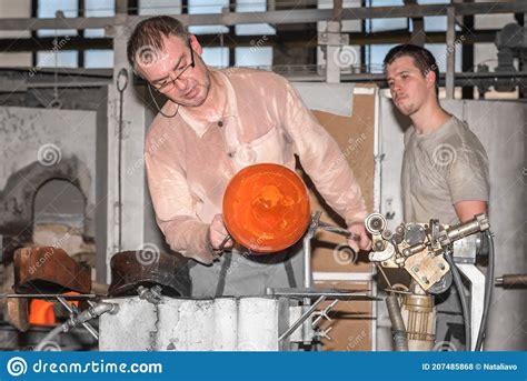 Two Glassmakers Creative Unique Works In Moser Glass Factory In Czech Republic Transform A Hot